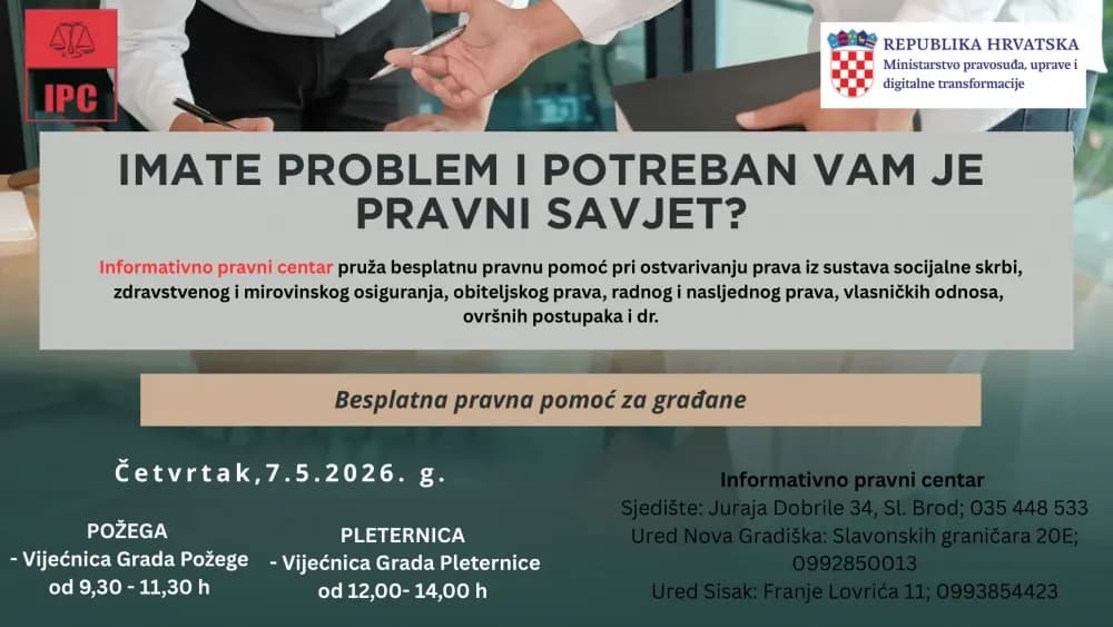BESPLATNA PRAVNA POMOĆ GRAĐANIMA: Četvrtak 7.svibnja 2026. u Požegi i Pleternici