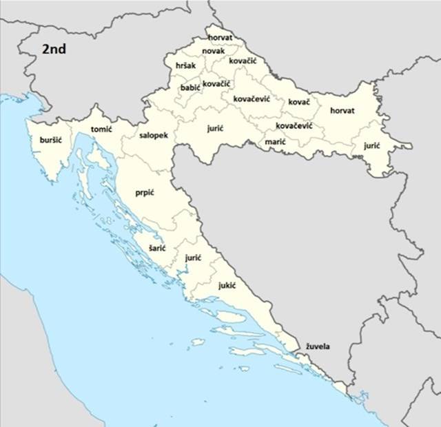 Ovo je mapa Hrvatske s devet najčešćih prezimena, evo koja su to u Požeško-slavonskoj županiji