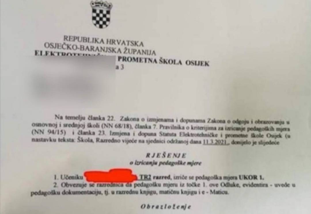Pogledajte zbog čega je jedan učenik u Slavoniji dobio ukor. Roditelji u šoku!