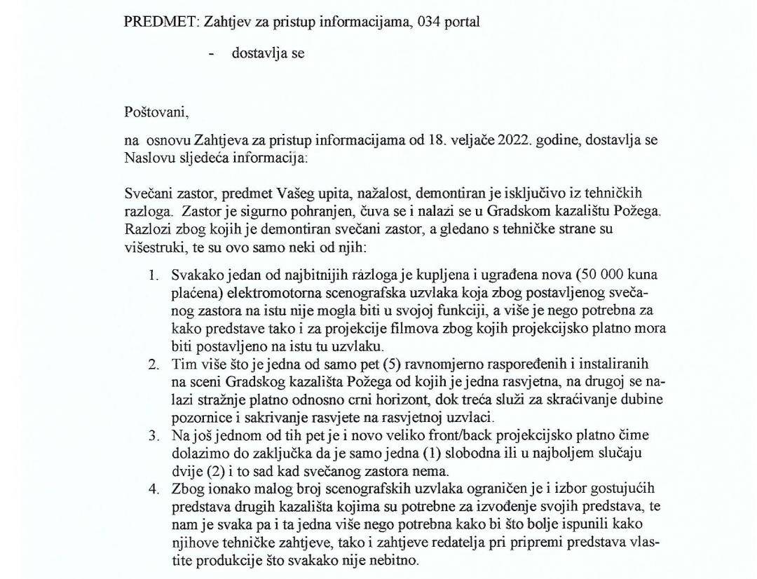 Zašto se već godinama od javnosti skriva svečani zastor plaćen novcem Požežana?