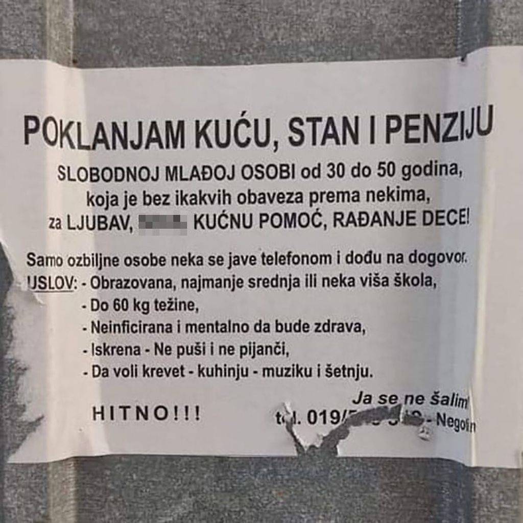 NESVAKIDAŠNJI OGLAS: Penzioner traži mlađu osobu kojoj će pokloniti kuću, stan i penziju, a ovo su uvjeti...