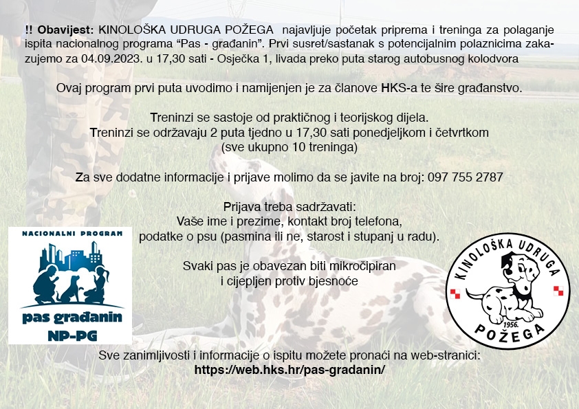 HKS i Kinološka udruga Požega organiziraju tečaj osnovne poslušnosti i socijalizacije pasa