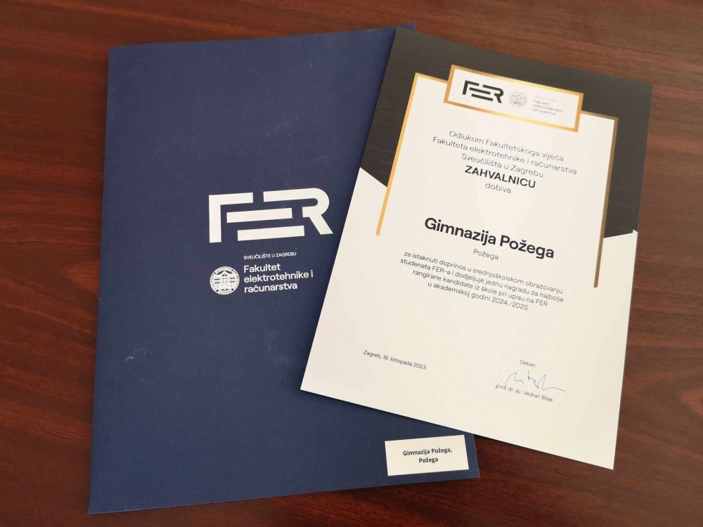 Požeškoj Gimnaziji Fakultet elektrotehnike i računalstva Sveučilišta u Zagrebu uručio Zahvalnicu za istaknut doprinos srednjoškolskom obrazovanju