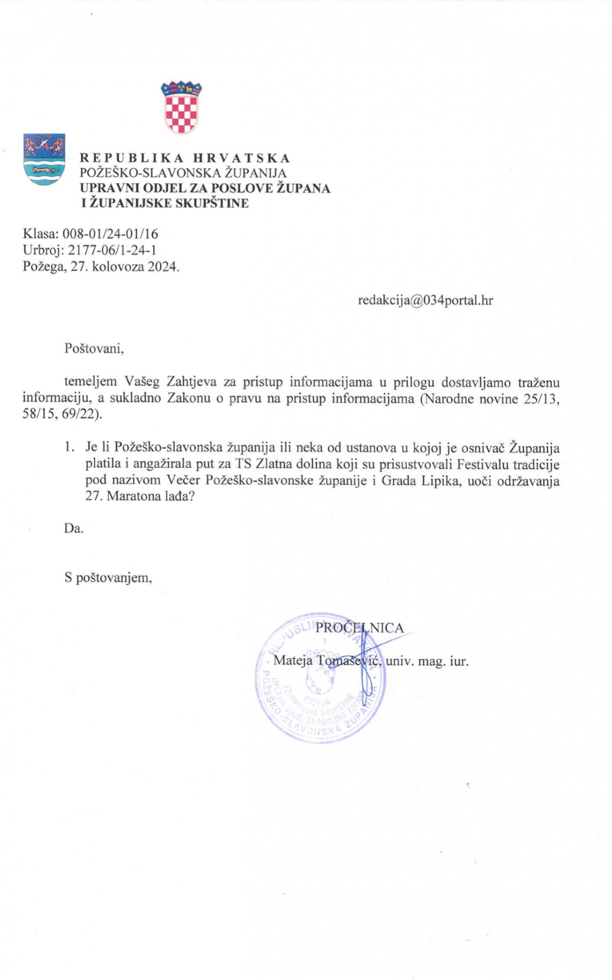 Bahatosti u režiji Županije nema kraja. Za jednostavni odgovor “Da” trebalo im je 15 dana