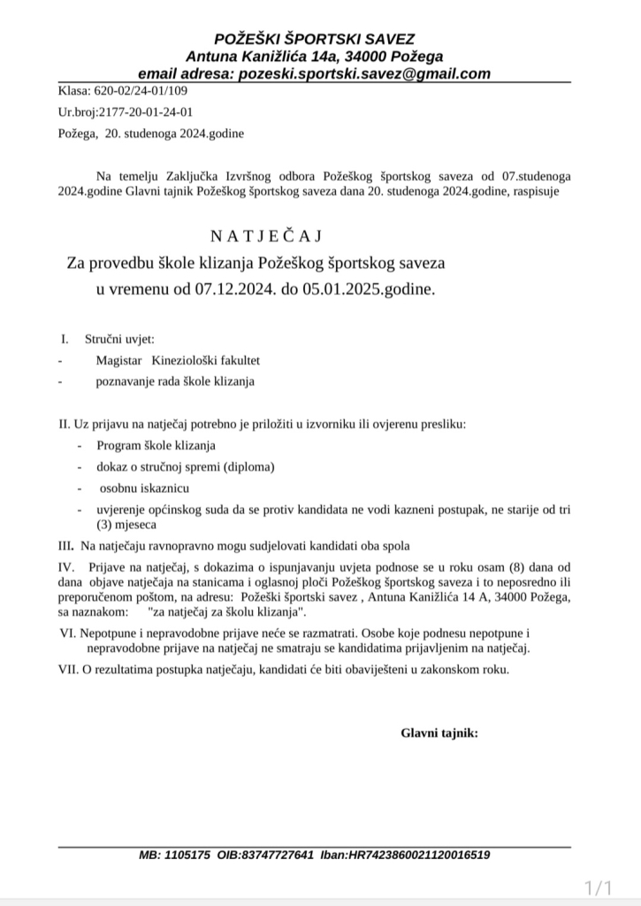 Otvoren je natječaj za provedbu Škole klizanja u Požegi