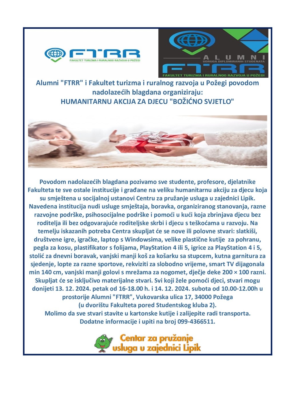 ’BOŽIĆNO SVJETLO’ Humanitarna akcija za nezbrinutu djecu Doma u Lipiku