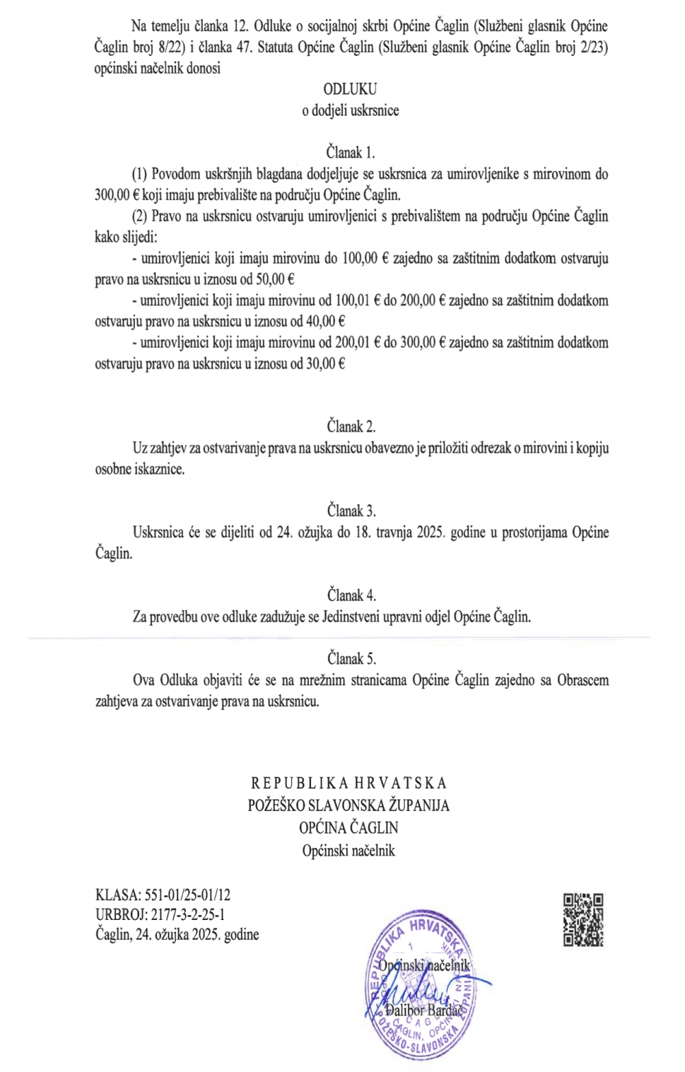 Općina Čaglin: Obavijest o dodjeli uskrsnica za umirovljenike