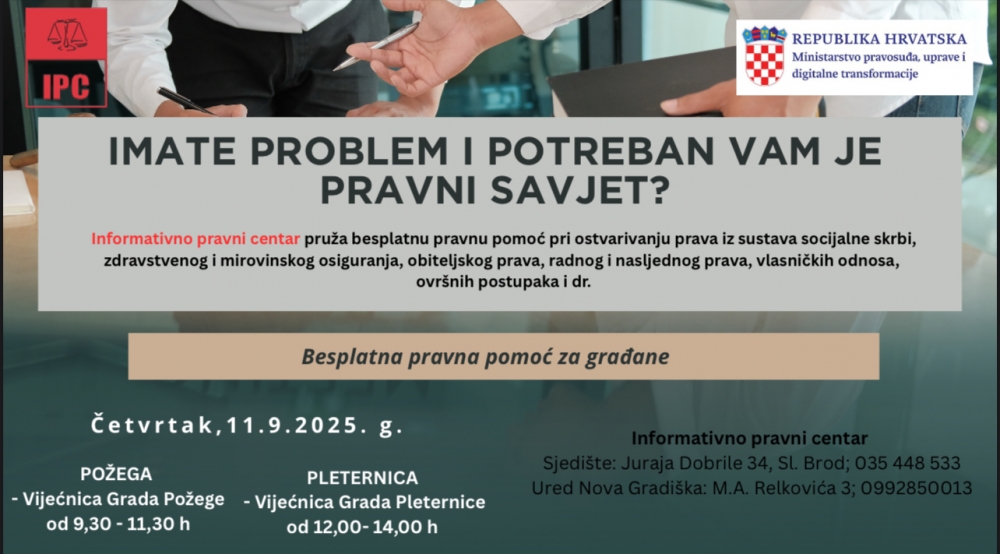 Ovog četvrtka besplatna pravna pomoć u Požegi i Pleternici