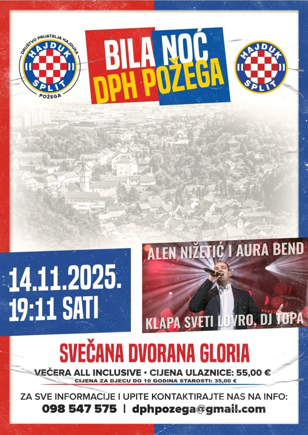 Bila noć Hajduka 14. studenog u Požegi uz Alena Nižetića, klapu Sv. Lovro i DJ Topu