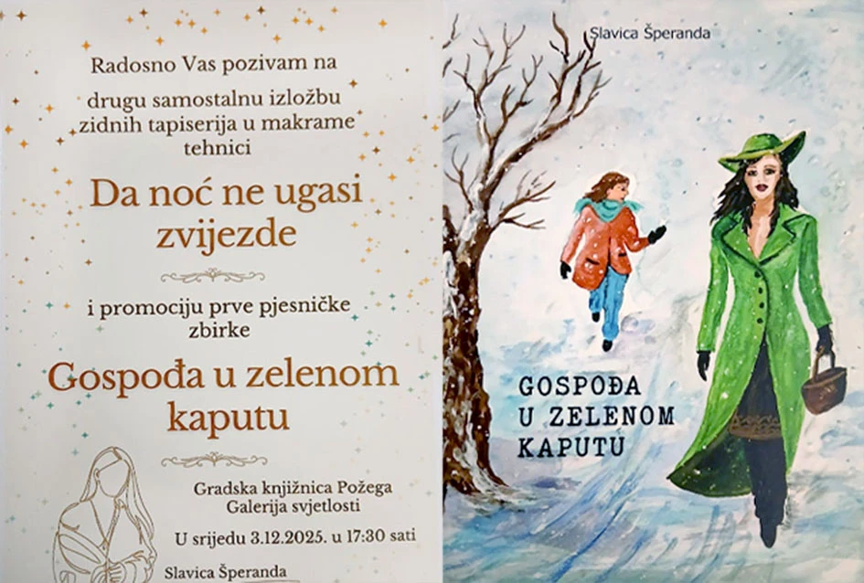 Najava: Slavica Šperanda predstavlja tapiserije ’Da noć ne ugasi zvijezde’ i zbirku pjesama ’Gospođa u zelenom kaputu’ u požeškoj knjižnici