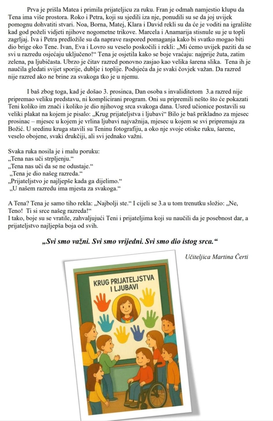 Učiteljica Martina Čerti i njezin 3.a posvetili Dan osoba s invaliditetom djevojčici koja ih spaja – Teni Šimčik