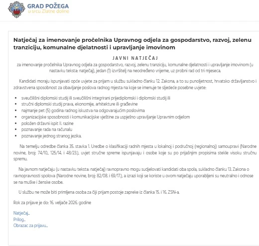Tiho raspisan natječaj za pročelnika dok Požega stoji u mjestu