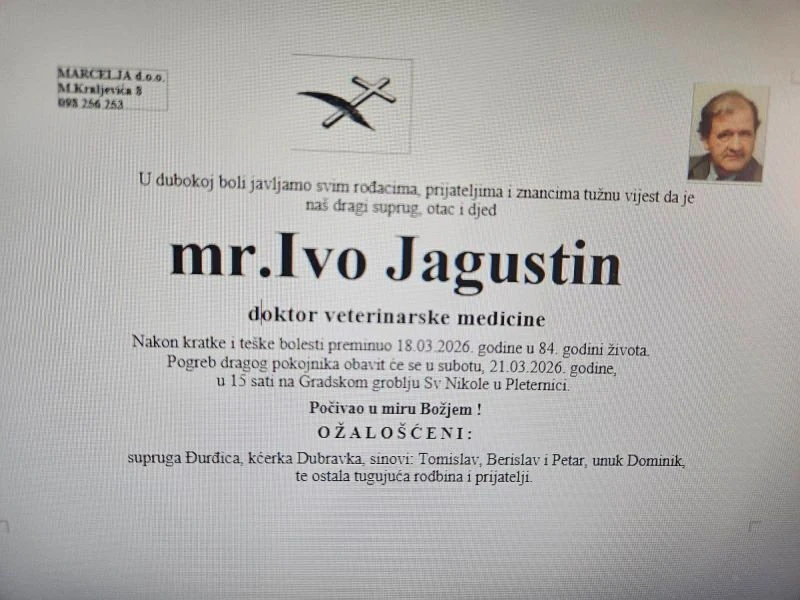 IN MEMORIAM  Preminuo mr. Ivo Jagustin (1942.-2026.), doktor veterinarske medicine i poznati pleternički veterinar