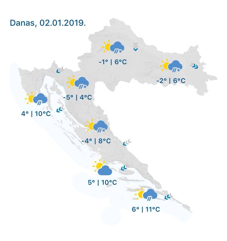 Vrijeme promjenljivo oblačno sa sunčanim razdobljima, temperature do 7°C