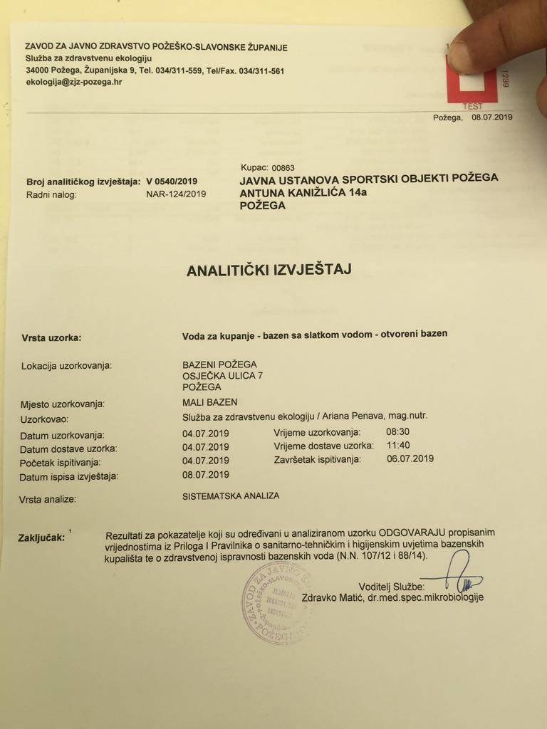 Dokaz da je voda na Gradskim bazenima ispravna je Analitički izvještaj Zavoda za javno zdravstvo PSŽ