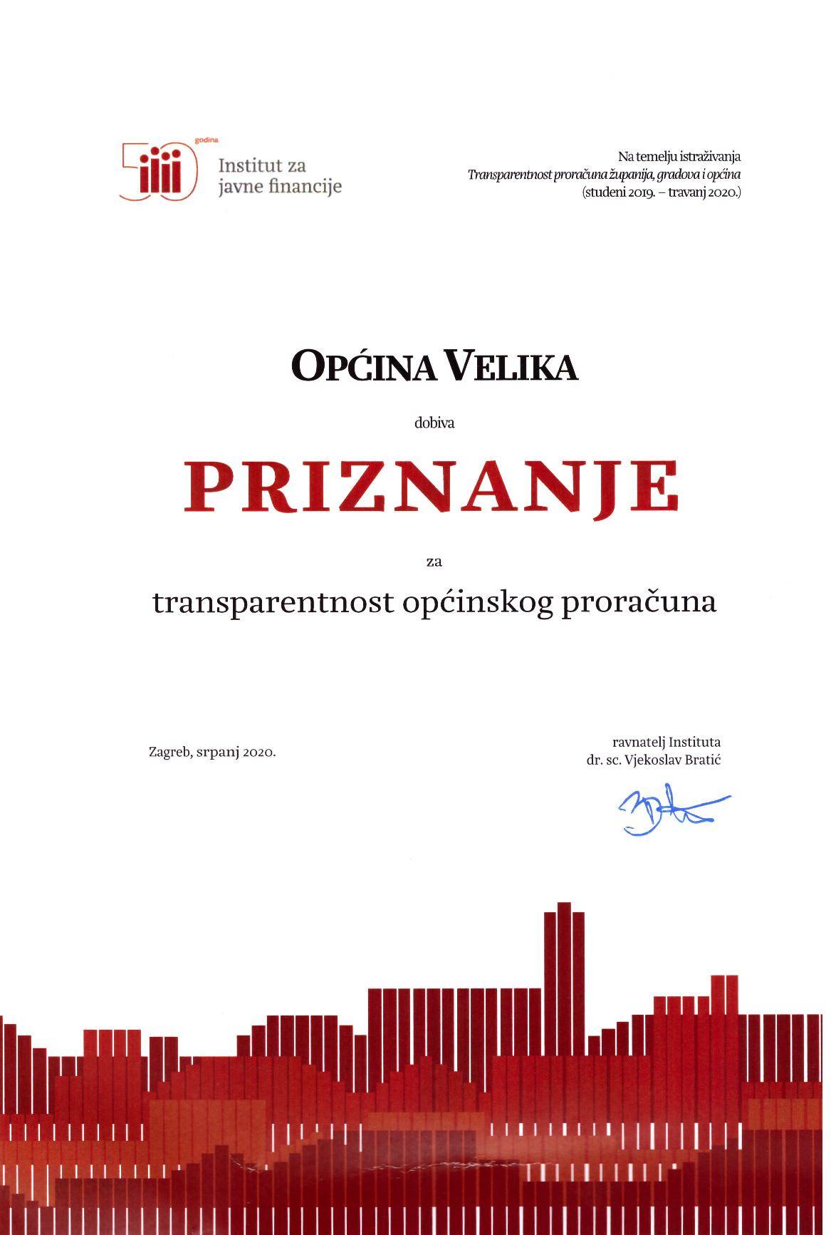 Općini Velika ocjena odličan za transparentnost proračuna