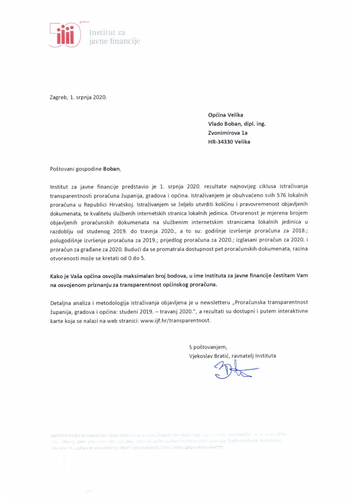 Općini Velika ocjena odličan za transparentnost proračuna