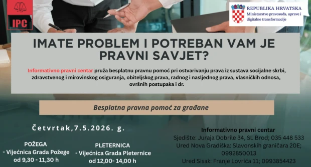 BESPLATNA PRAVNA POMOĆ GRAĐANIMA: Četvrtak 7.svibnja 2026. u Požegi i Pleternici