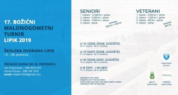 Ove godine održava se 17. Božićni malonogometni turnir u Lipiku Ove godine održava se 17. Božićni malonogometni turnir u Lipiku